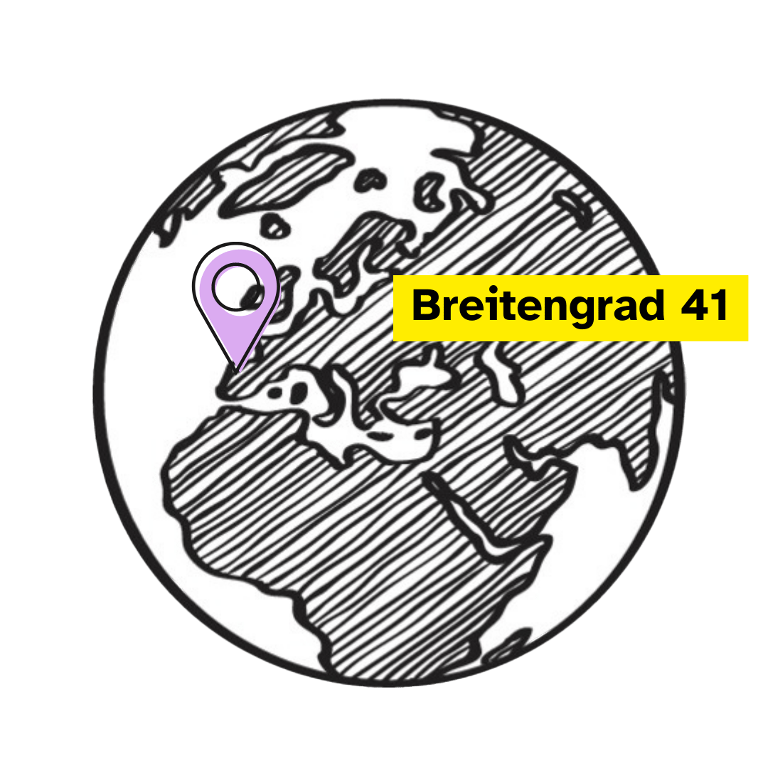 Eine gemalte Weltkugel. Am Breitengrad 41 bei Barcelona steht ein Location-Zeichen. Daneben steht Breitengrad 41